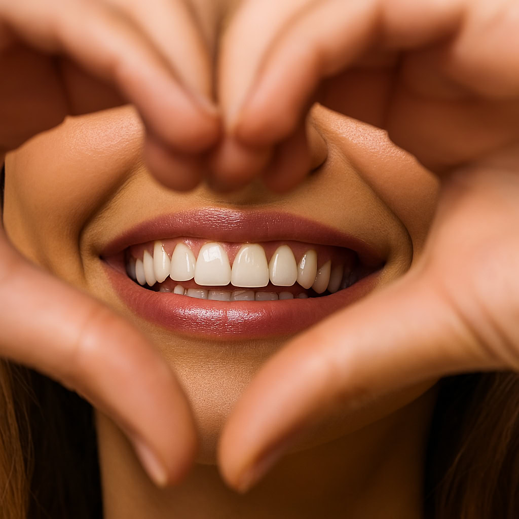Close-up of a patient framing her smile with both hands