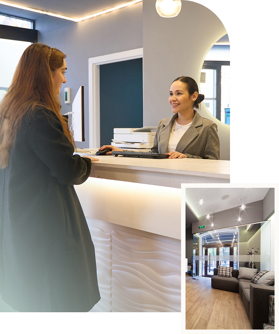 Patient checking in at the front desk of a dental office